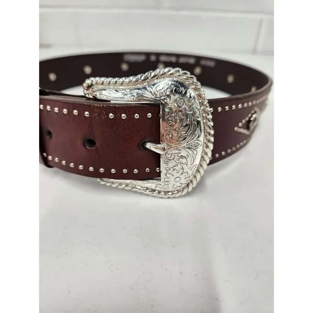 Nocona Women's Western/Cowgirl Studded Leather Belt, Size 28, In Brown & Silver